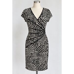 Connected apparel Black and Cream Faux-Wrap Midi Dress– Size 8